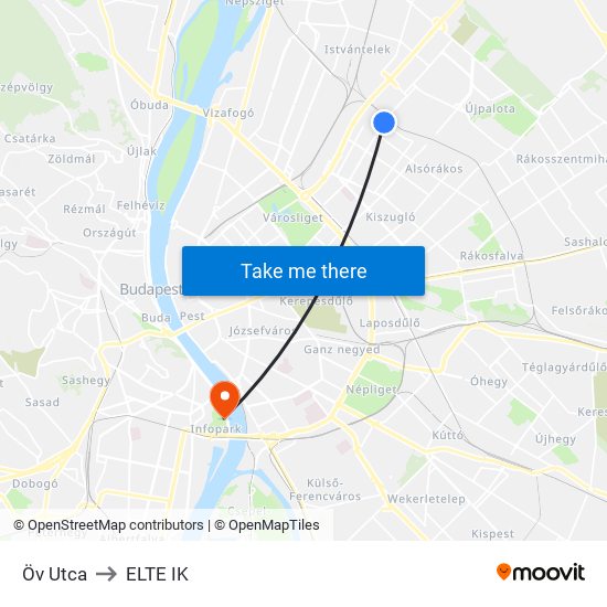Öv Utca to ELTE IK map