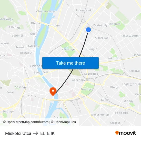 Miskolci Utca to ELTE IK map