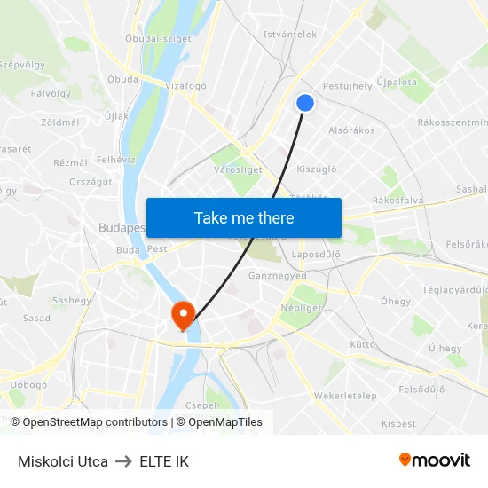 Miskolci Utca to ELTE IK map