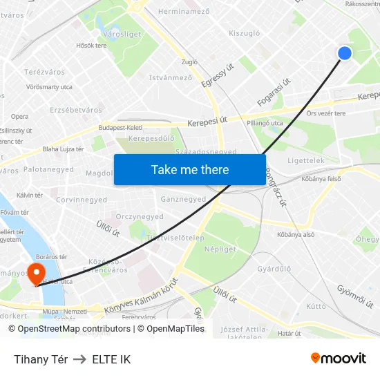 Tihany Tér to ELTE IK map