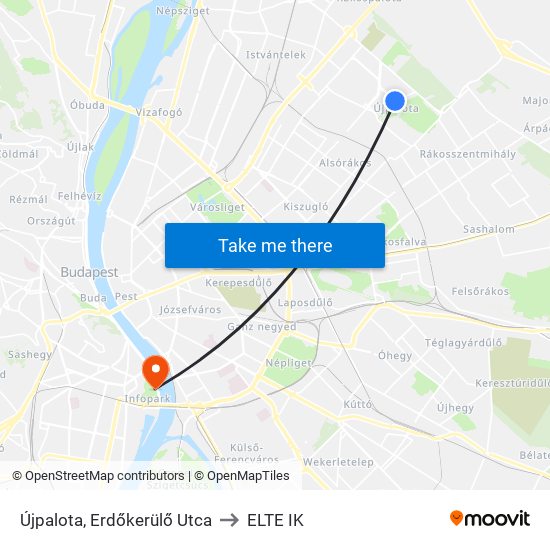 Újpalota, Erdőkerülő Utca to ELTE IK map