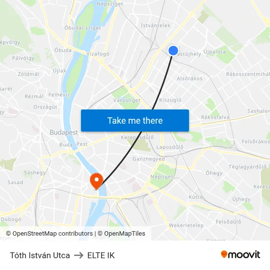 Tóth István Utca to ELTE IK map