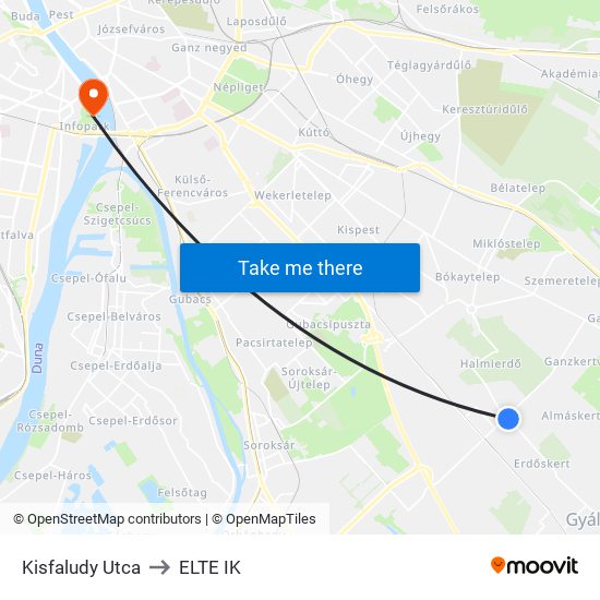 Kisfaludy Utca to ELTE IK map