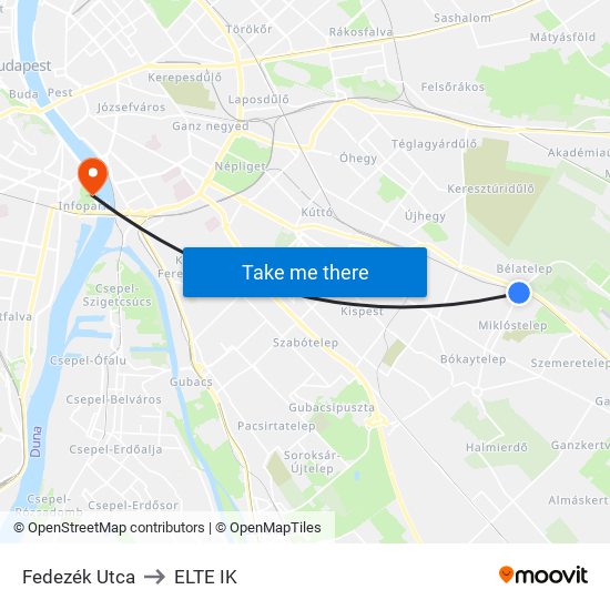 Fedezék Utca to ELTE IK map