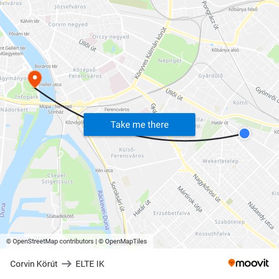 Corvin Körút to ELTE IK map