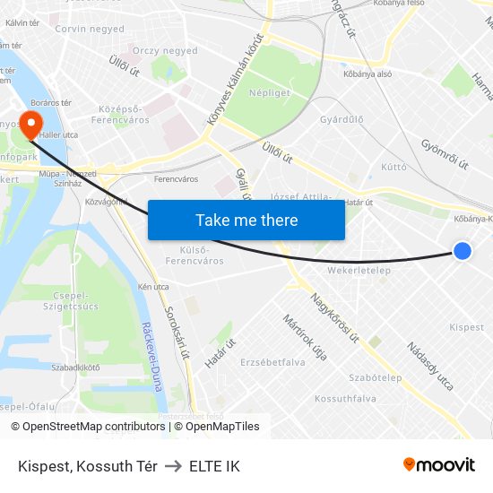 Kispest, Kossuth Tér to ELTE IK map