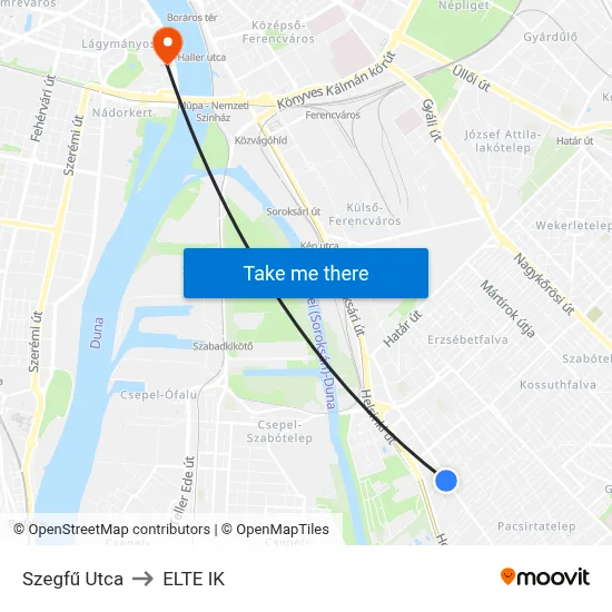 Szegfű Utca to ELTE IK map