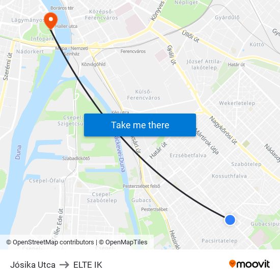 Jósika Utca to ELTE IK map