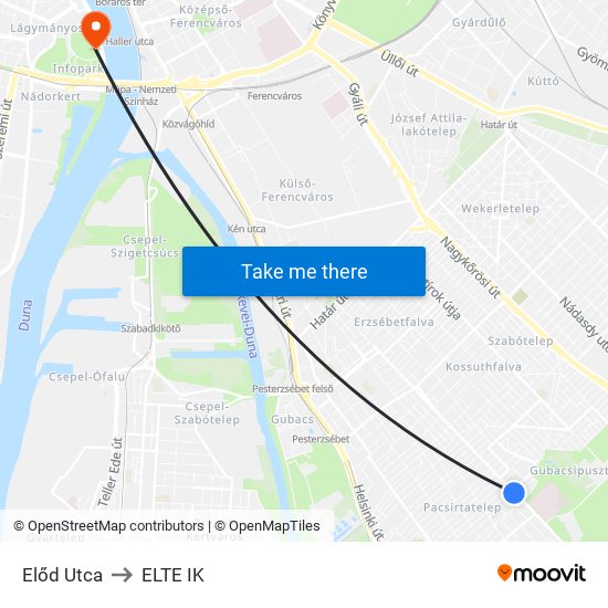 Előd Utca to ELTE IK map