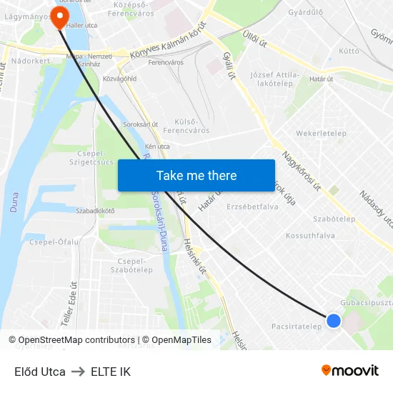 Előd Utca to ELTE IK map