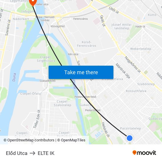Előd Utca to ELTE IK map