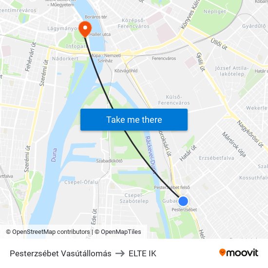 Pesterzsébet Vasútállomás to ELTE IK map