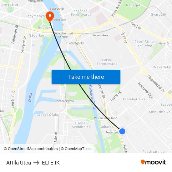 Attila Utca to ELTE IK map