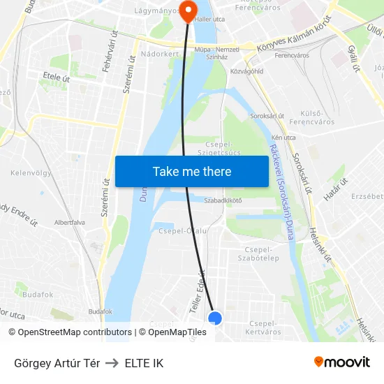 Görgey Artúr Tér to ELTE IK map