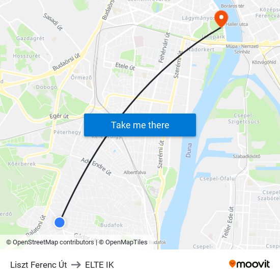 Liszt Ferenc Út to ELTE IK map