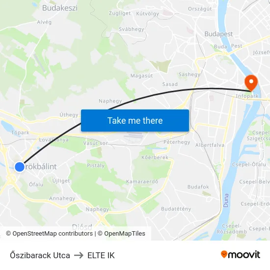 Őszibarack Utca to ELTE IK map