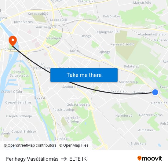 Ferihegy Vasútállomás to ELTE IK map