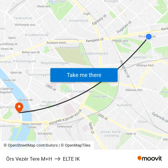 Örs Vezér Tere M+H to ELTE IK map