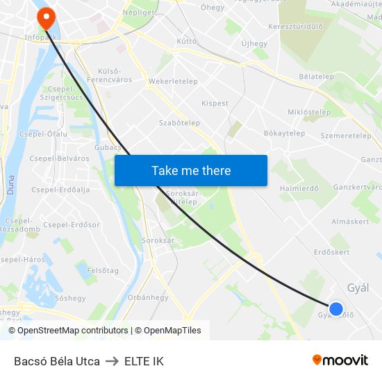 Bacsó Béla Utca to ELTE IK map