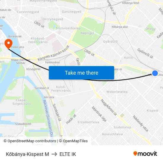Kőbánya-Kispest M to ELTE IK map