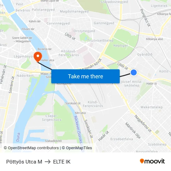 Pöttyös Utca M to ELTE IK map
