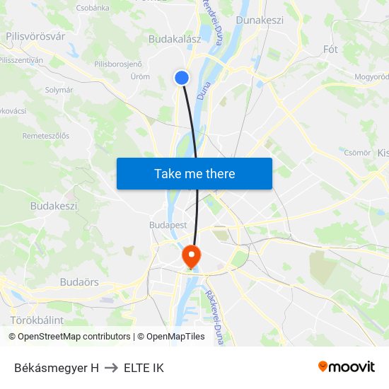 Békásmegyer H to ELTE IK map