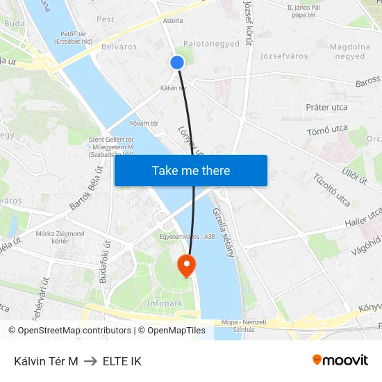 Kálvin Tér M to ELTE IK map