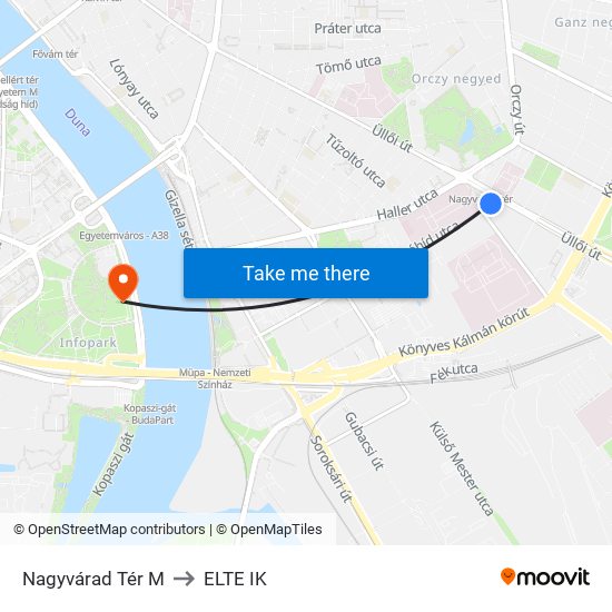 Nagyvárad Tér M to ELTE IK map