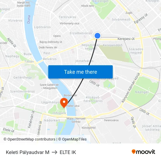 Keleti Pályaudvar M to ELTE IK map