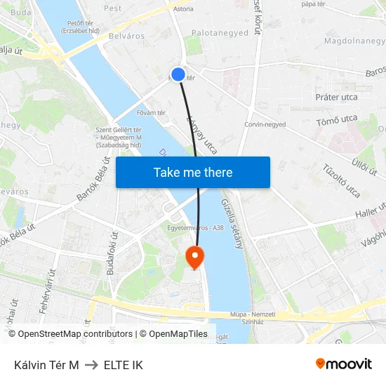 Kálvin Tér M to ELTE IK map