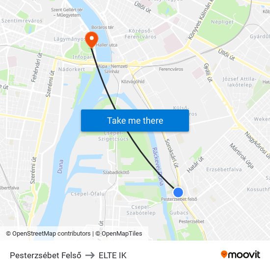 Pesterzsébet Felső to ELTE IK map