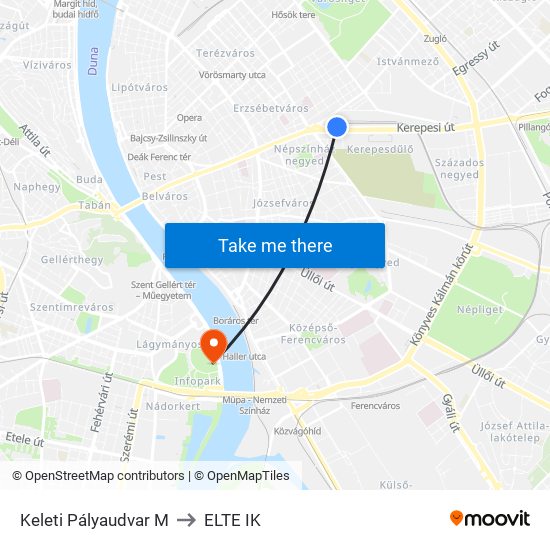 Keleti Pályaudvar M to ELTE IK map