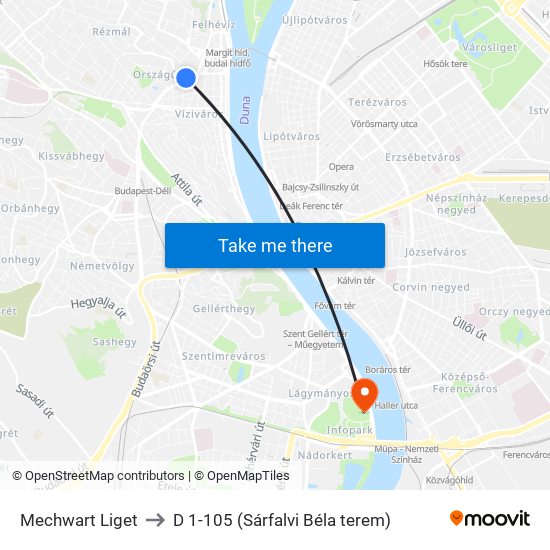 Mechwart Liget to D 1-105 (Sárfalvi Béla terem) map