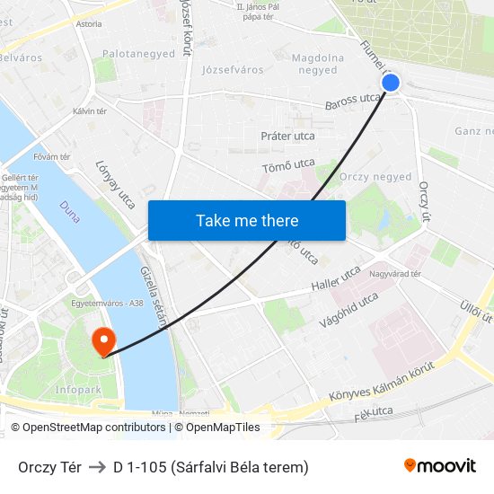 Orczy Tér to D 1-105 (Sárfalvi Béla terem) map