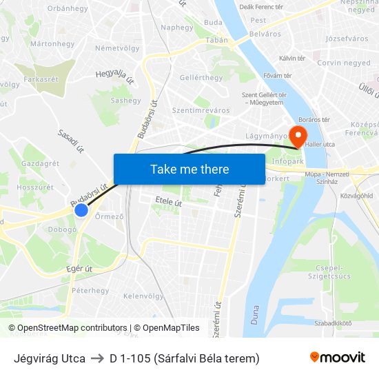 Jégvirág Utca to D 1-105 (Sárfalvi Béla terem) map