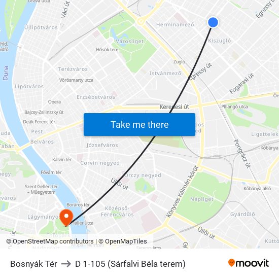 Bosnyák Tér to D 1-105 (Sárfalvi Béla terem) map