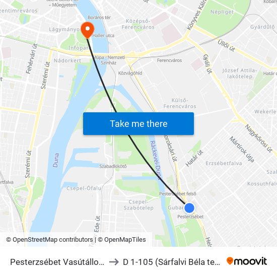 Pesterzsébet Vasútállomás to D 1-105 (Sárfalvi Béla terem) map