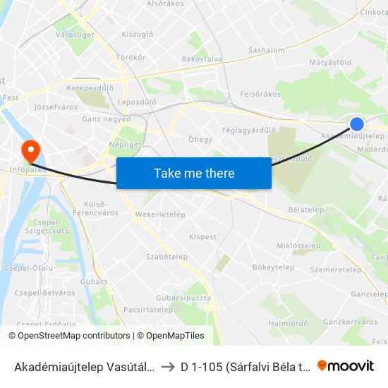 Akadémiaújtelep Vasútállomás to D 1-105 (Sárfalvi Béla terem) map