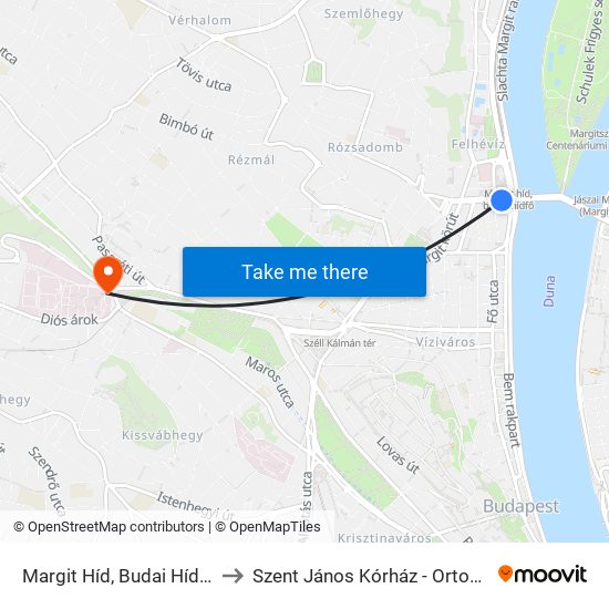 Margit Híd, Budai Hídfő H to Szent János Kórház - Ortopédia map