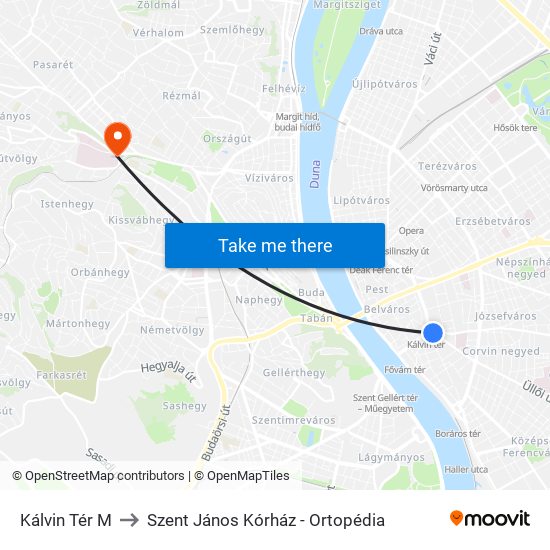 Kálvin Tér M to Szent János Kórház - Ortopédia map