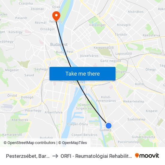 Pesterzsébet, Baross Utca to ORFI - Reumatológiai Rehabilitációs Osztály map