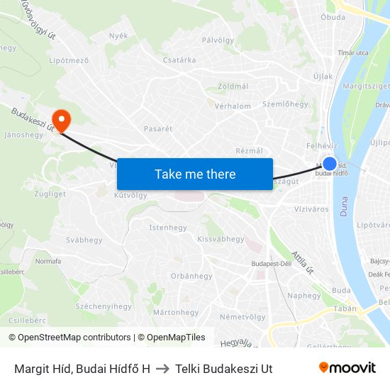 Margit Híd, Budai Hídfő H to Telki Budakeszi Ut map