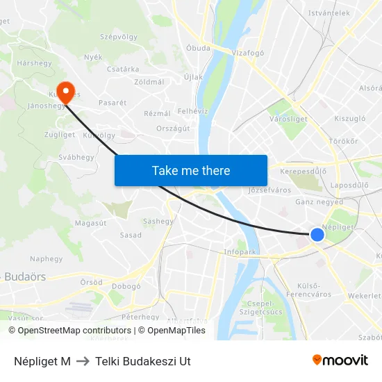 Népliget M to Telki Budakeszi Ut map
