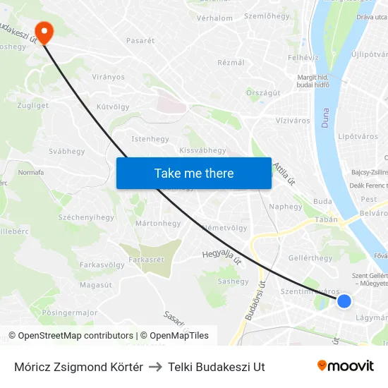 Móricz Zsigmond Körtér to Telki Budakeszi Ut map