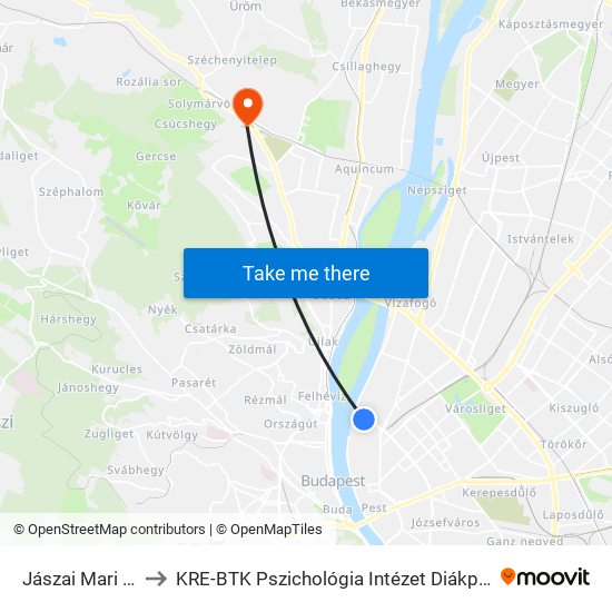 Jászai Mari Tér to KRE-BTK Pszichológia Intézet Diákpihenő map