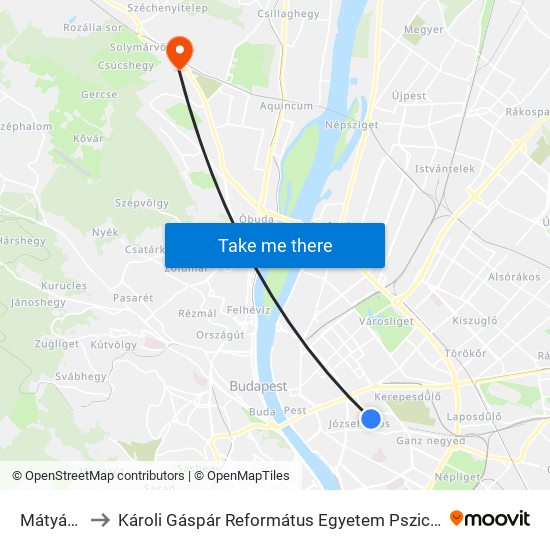 Mátyás Tér to Károli Gáspár Református Egyetem Pszichológiai Intézet map