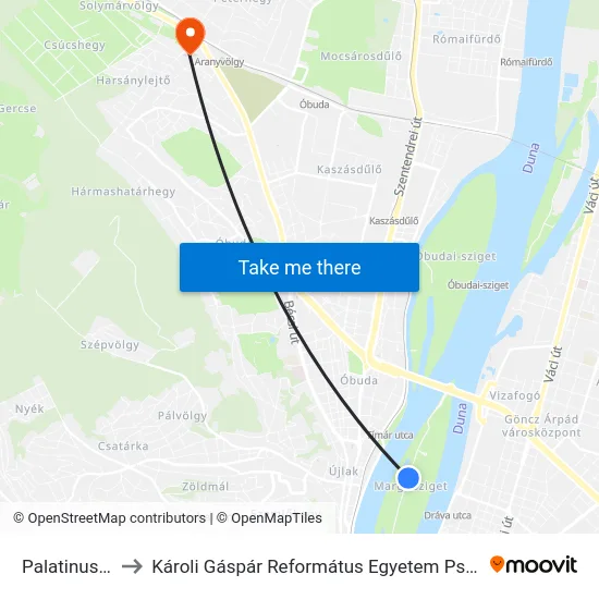 Palatinus Fürdő to Károli Gáspár Református Egyetem Pszichológiai Intézet map