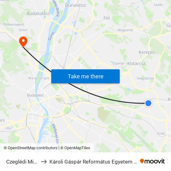 Czeglédi Mihály Utca to Károli Gáspár Református Egyetem Pszichológiai Intézet map