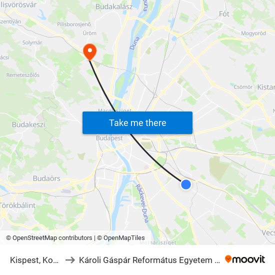 Kispest, Kossuth Tér to Károli Gáspár Református Egyetem Pszichológiai Intézet map