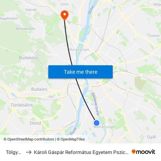 Tölgyes Út to Károli Gáspár Református Egyetem Pszichológiai Intézet map